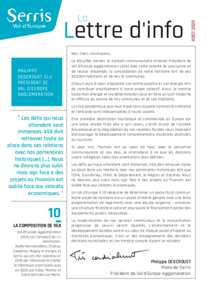 Lettre d'info août 2020 : Philippe Descrouet élu Président de Val d'Europe Agglomération